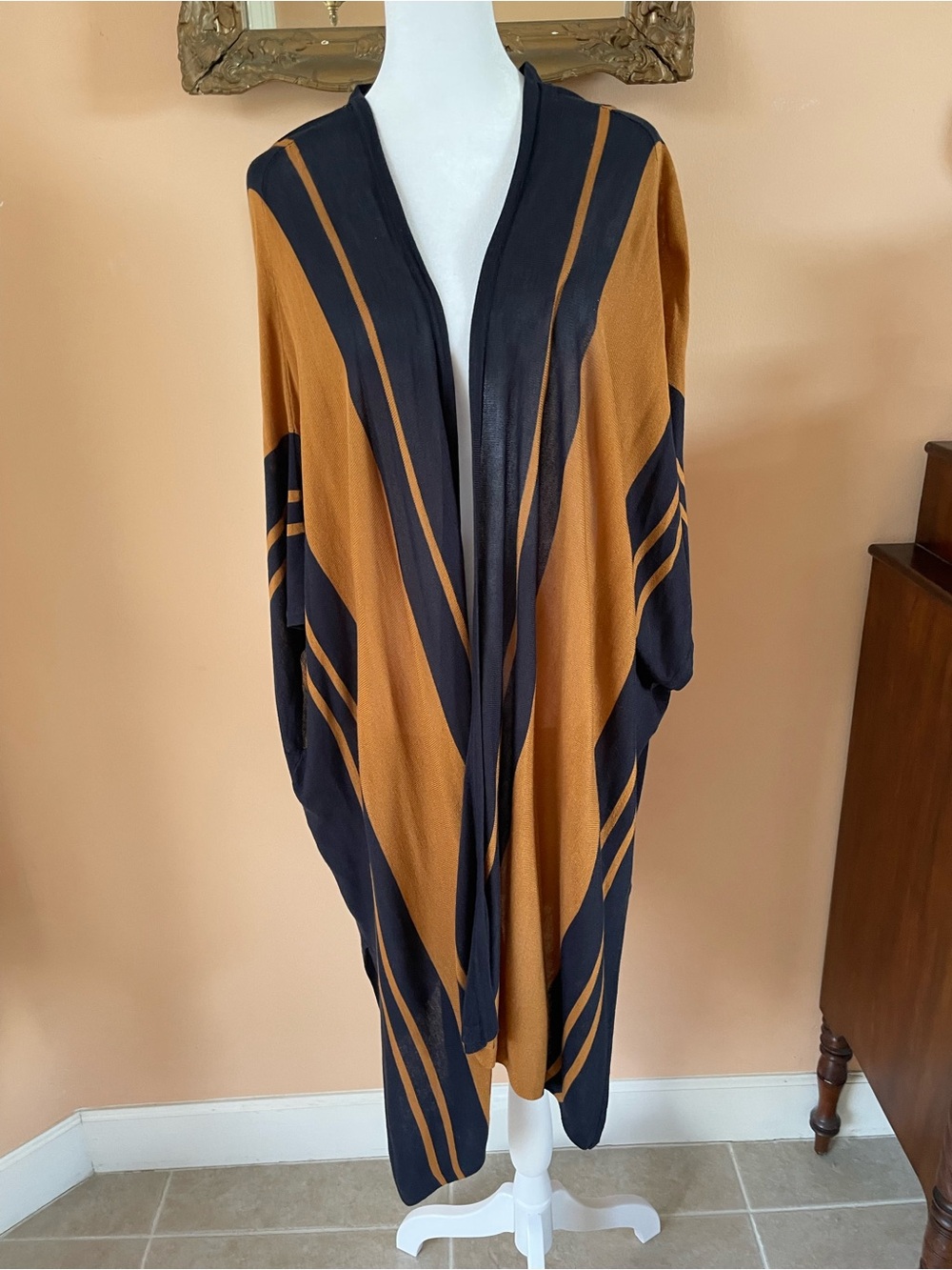 Open-Front 12” Side Slits Striped Draped Cape in Black and Camel